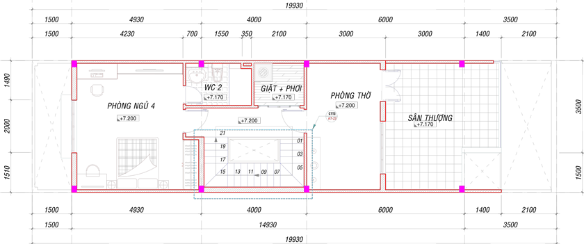 Mặt bằng tầng 3 nhà 3 tầng quận 9.