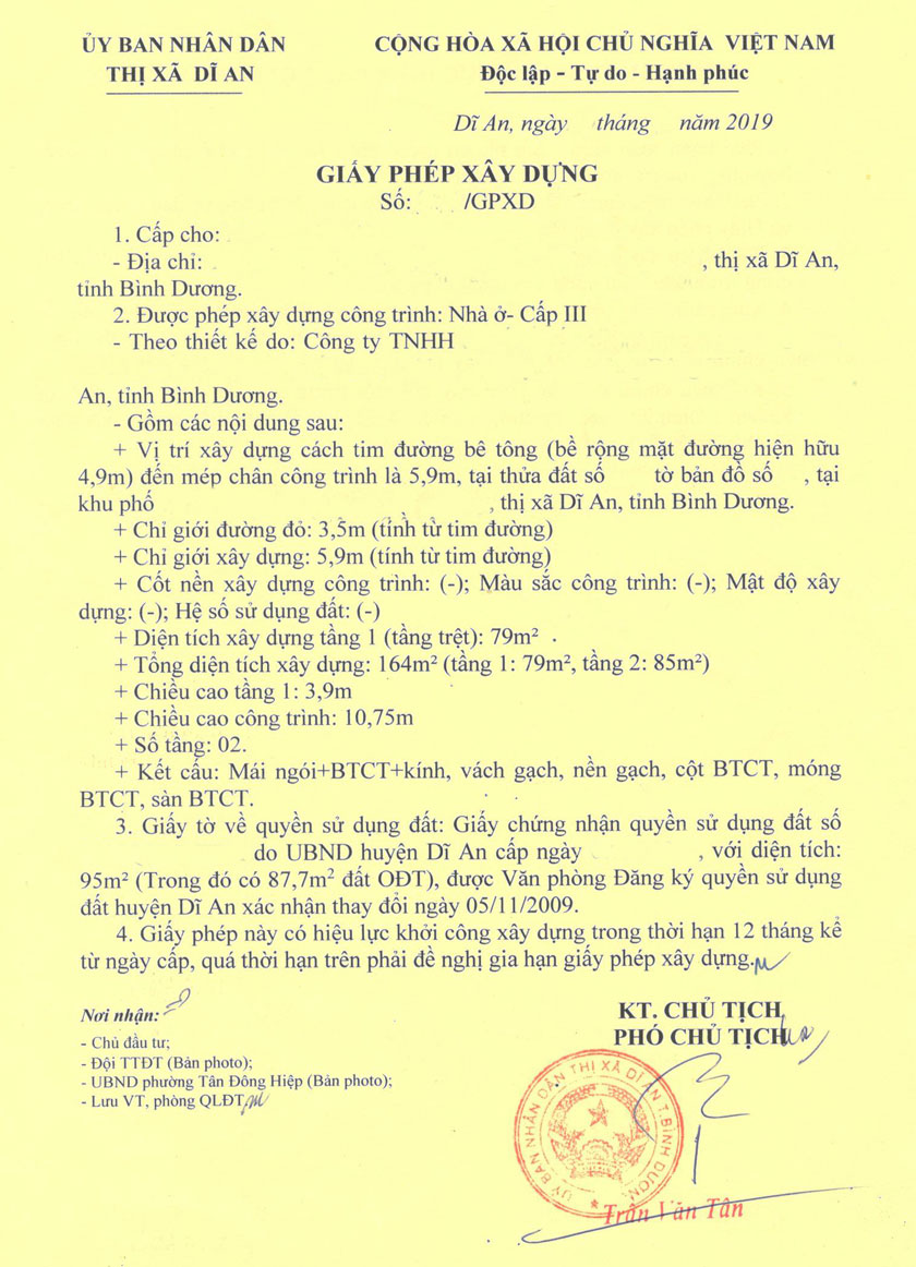 Mặt trước giấy phép xây dựng nhà ở dĩ an.