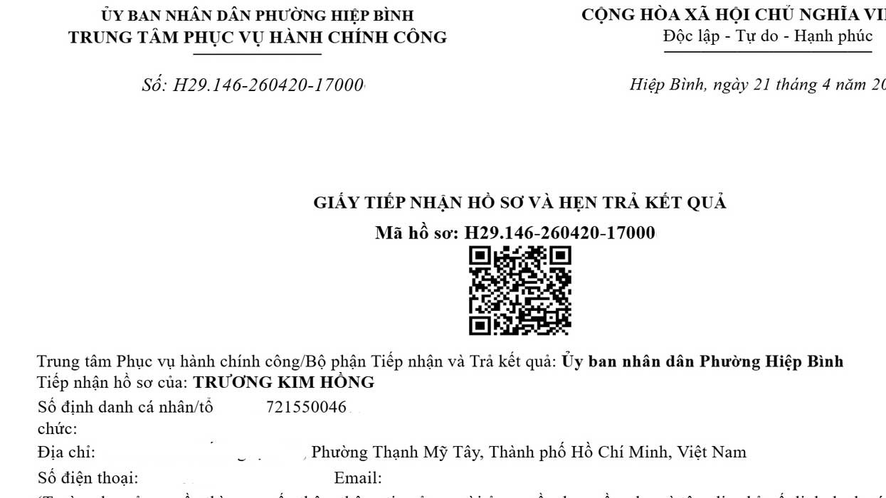 Phiếu tiếp nhận trả kết quả XPXD Phường Hiệp Bình.